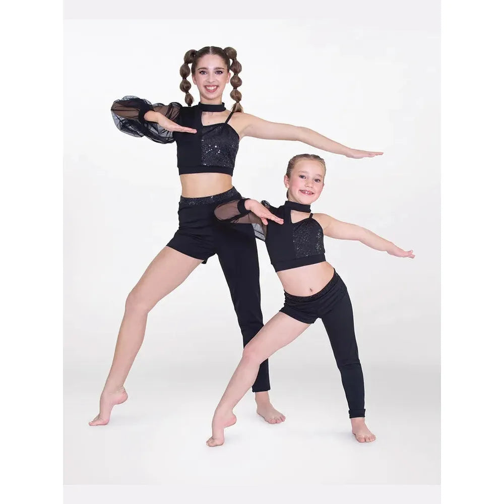 Black Asymmetric Two-Piece Dance Costume with Sequin Panel