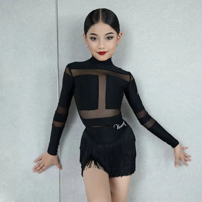 Venny Black Latin Dance Dress Mesh Top Tassel Skirt