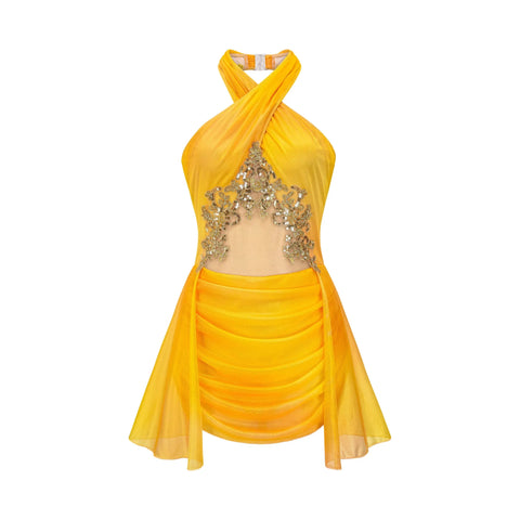 yellow lyrical dress Lace Dance Costume, Adult Small Premium Craftsmanship Yellow Dance Costume