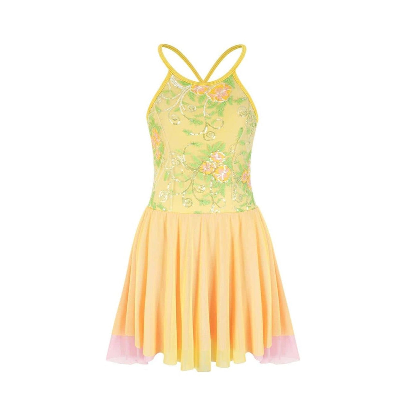 Yellow lyrical dance dress with floral pattern on a white background