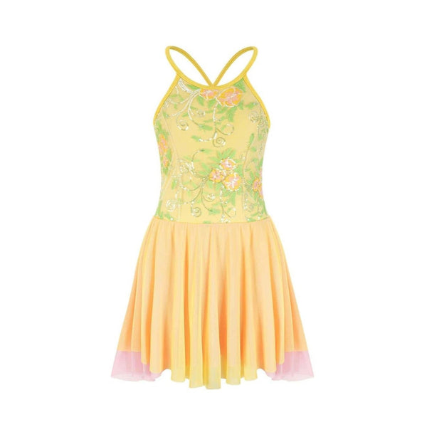 Yellow lyrical dance dress with floral pattern on a white background