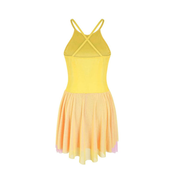 Yellow lyrical dance dress  with criss-cross straps on a white background