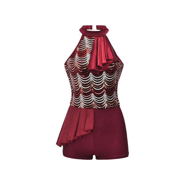 De La Diva 'Operatic Melody' Burgundy Sequin Halter Jazz & Tap Dance Costume