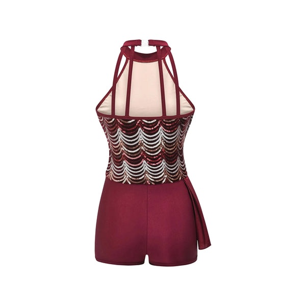 De La Diva 'Operatic Melody' Burgundy Sequin Halter Jazz & Tap Dance Costume