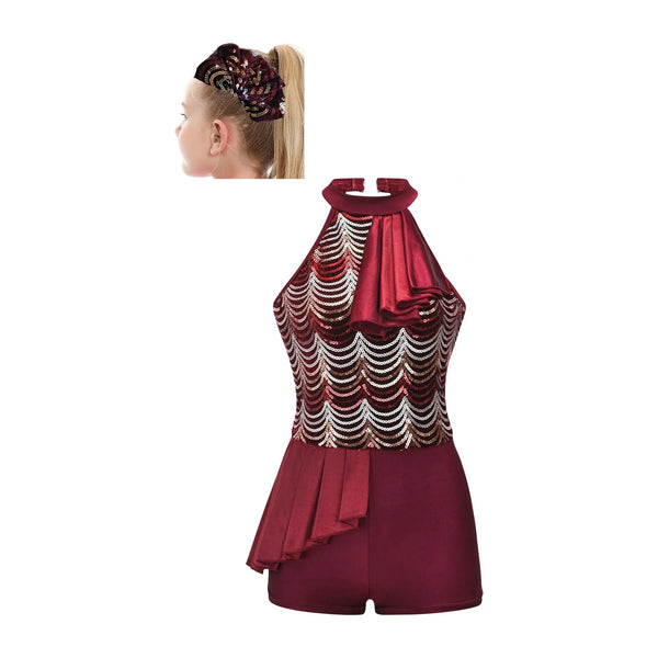 De La Diva 'Operatic Melody' Burgundy Sequin Halter Jazz & Tap Dance Costume