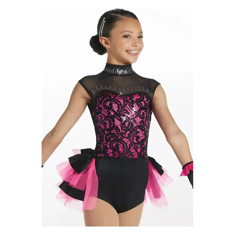 'Come & Get It' Pink & Black Sequin Lace Crystal Bustle Leotard Jazz Dance Costume