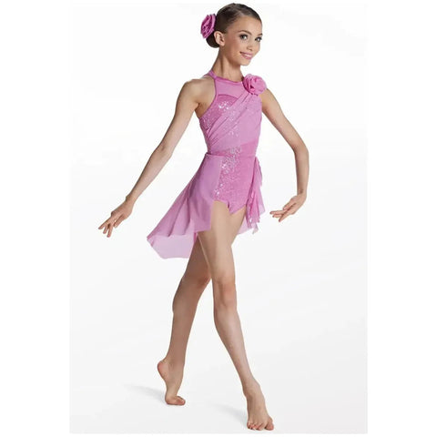 'The Rose' Pink Draped Rosette Sequin Skirted Lyrical Dance Leotard - LC (approx age 12-14)