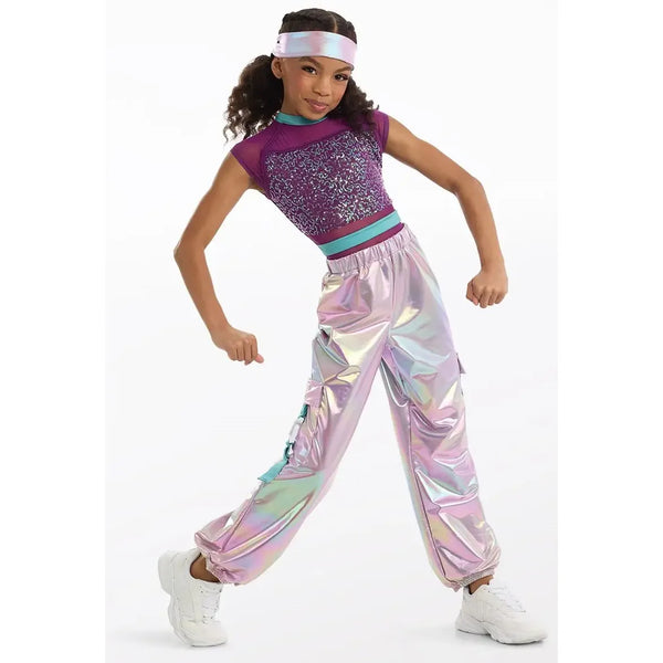 Weissman "Don't Push Me" Pailletten-Trikot und Metallic-Cargo-Jogginghose Street-Dance-Kostüm