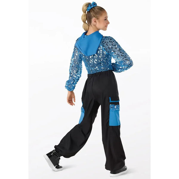 Weissman Pailletten-Fischgrät-Kapuzenpullover & glänzender Jumpsuit Street Dance Kostüm