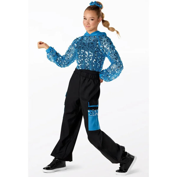 Weissman Pailletten-Fischgrät-Kapuzenpullover & glänzender Jumpsuit Street Dance Kostüm
