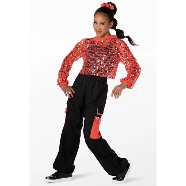 Weissman Pailletten-Fischgrät-Kapuzenpullover & glänzender Jumpsuit Street Dance Kostüm