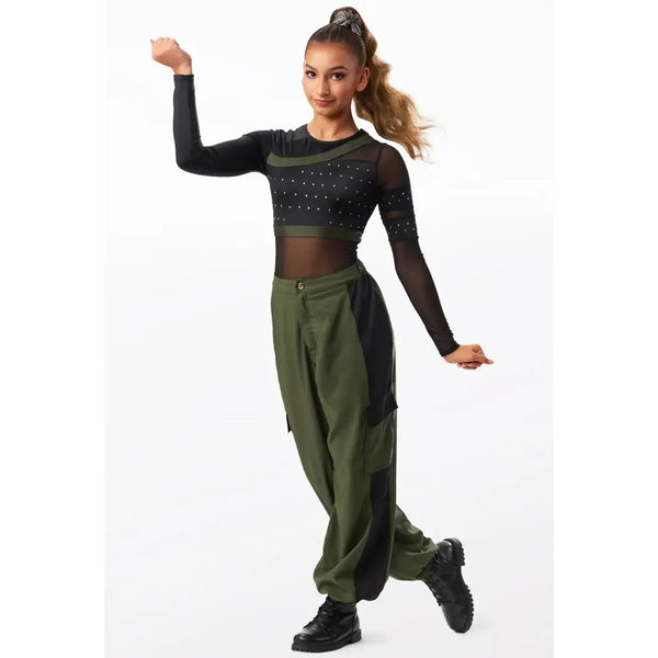 Weissman „Right Here“ asymmetrischer Kristall-Glitzer-Turnanzug und zweifarbiges Street-Dance-Set mit Hose