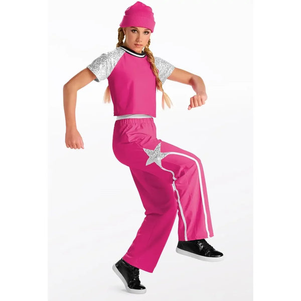 Weissman „Pink Venom“ Paillettenärmel-Cropped-Top und Trainingshosen-Street-Dance-Set