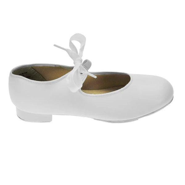 A single white leather dance shoe with a low block heel and a white ribbon tied in a bow around the ankle, shown from a side profile on a white background.