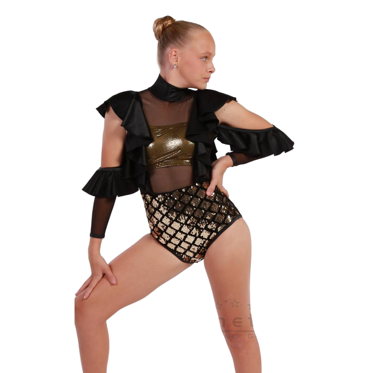Kinetic 'Glamazon' Gold Sequin & Black Velvet Cold Shoulder Commercial Dance Costume