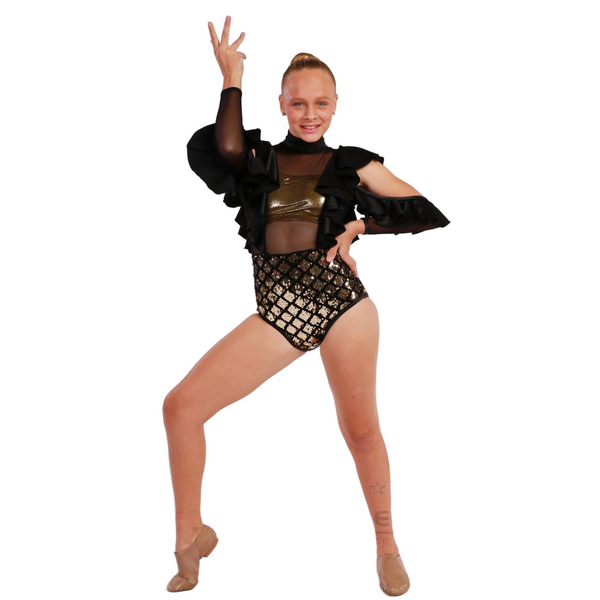 Kinetic 'Glamazon' Gold Sequin & Black Velvet Cold Shoulder Commercial Dance Costume