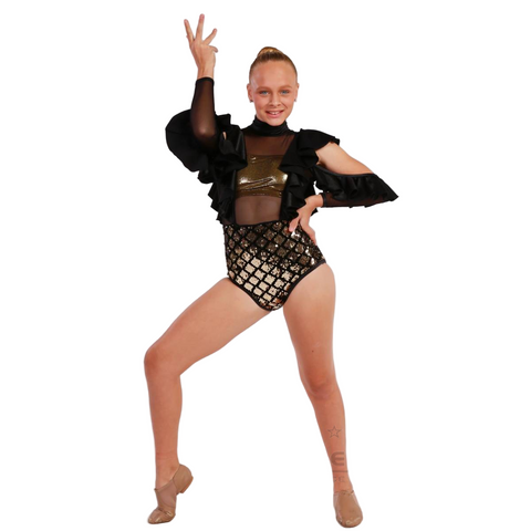 Kinetic 'Glamazon' Gold Sequin & Black Velvet Cold Shoulder Commercial Dance Costume