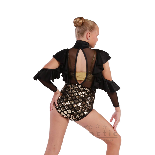 Kinetic 'Glamazon' Gold Sequin & Black Velvet Cold Shoulder Commercial Dance Costume