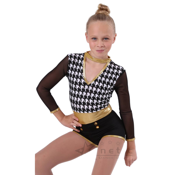 Kinetic 'Dee Jay Spin' Black, White & Gold Houndstooth Dance Shortard