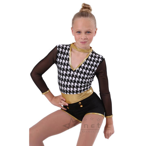 Kinetic 'Dee Jay Spin' Black, White & Gold Houndstooth Dance Shortard