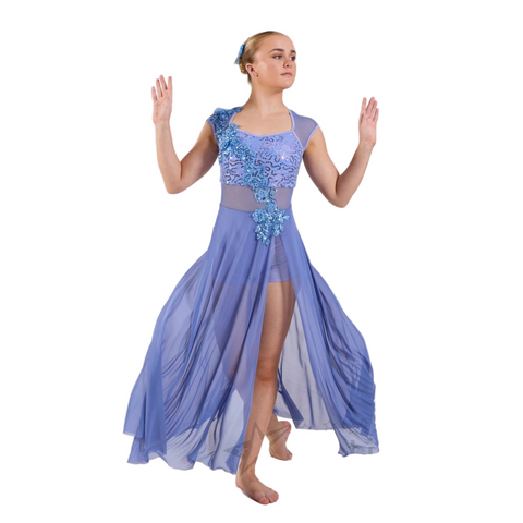 Kinetic 'Iris' Periwinkle Sequin Lace Shortard with Mesh Skirt Lyrical Dance Costume