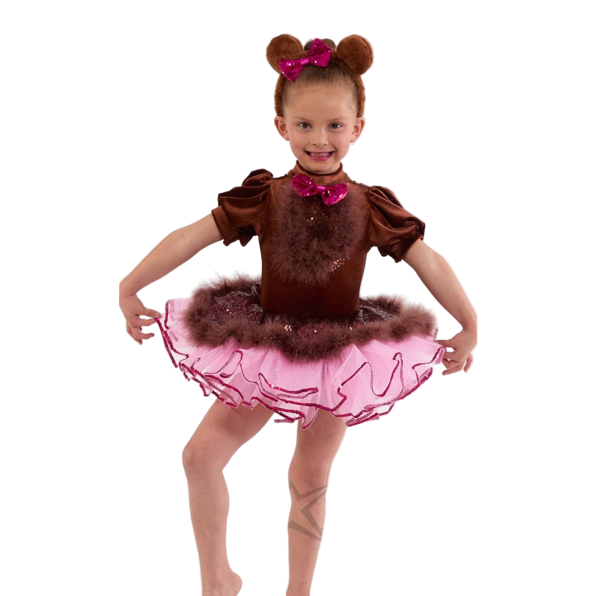 Kinetic 'Rock A Bye Bear' Brown Velvet Sequin Dance Costume with Pink Tutu Trim