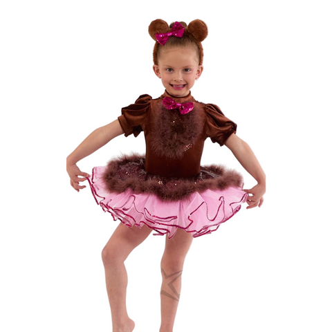Kinetic 'Rock A Bye Bear' Brown Velvet Sequin Dance Costume with Pink Tutu Trim