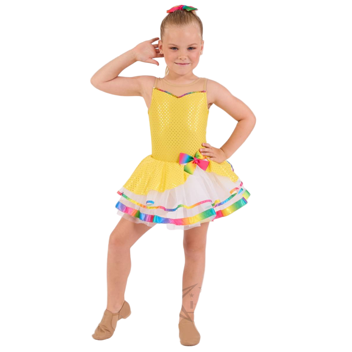 Kinetic 'Sunshine Rainbows' Yellow Tutu Dress with Rainbow Trim