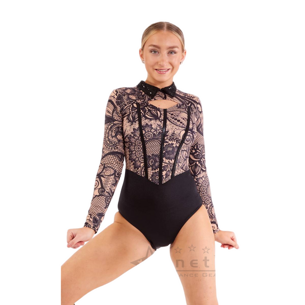 Kinetic Creations 'Applause' Long Sleeve Lace Print Leotard with Corset Detail & Sequin Collar