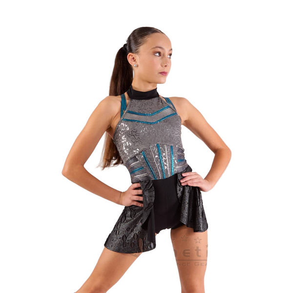 Kinetic Creations 'Do It Again' Grey, Petrol & Black Shortard with Peplum Skirt Dance Costume