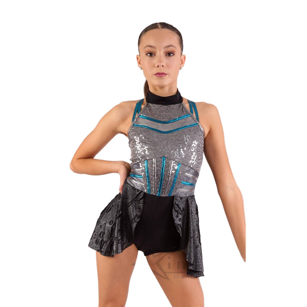 Kinetic Creations 'Do It Again' Grey, Petrol & Black Shortard with Peplum Skirt Dance Costume