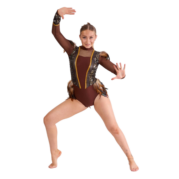 Kinetic 'Untamed' Copper Brown Feather Sequin Tribal Dance Leotard