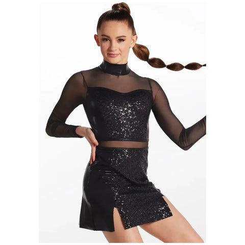 Balera Black Metallic Sequin Panel Dress featuring shimmering sequin panels, a sleek metallic finish, and a flattering silhouette—perfect for dance performances and competitions.