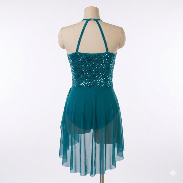 Blackfeather 'Ocean Whispers' Teal Green Sequin & Cascade Mesh Lyrical Dance Dress Back