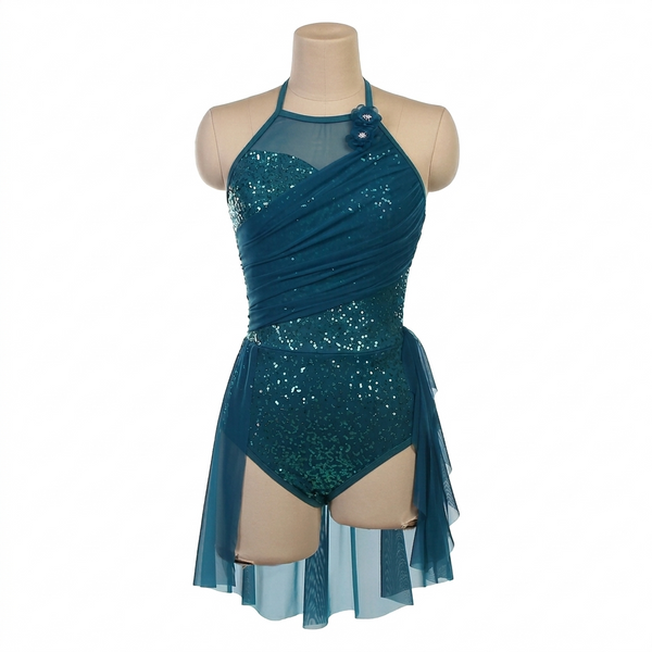 Blackfeather 'Ocean Whispers' Teal Green Sequin & Cascade Mesh Lyrical Dance Dress