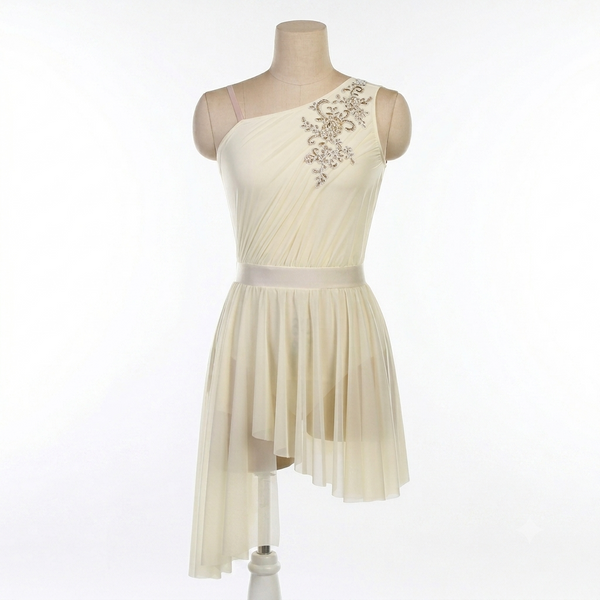 Blackfeather 'Serenade' Ivory Asymmetrical Lyrical Dance Dress with Applique & Cascade Mesh