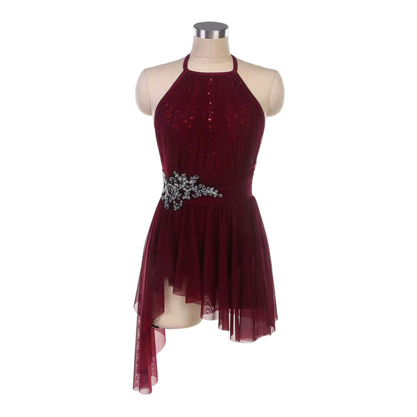 Burgundy dance dress with embellishments on a mannequin against a white background
