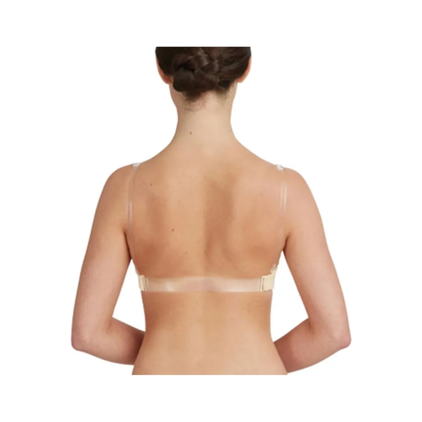 A nude camisole bra with adjustable straps and a built-in bra cup, designed for dancers.