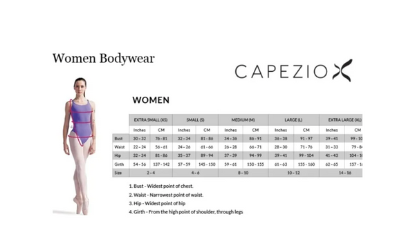 Capezio women's bodywear size chart with a model illustration.