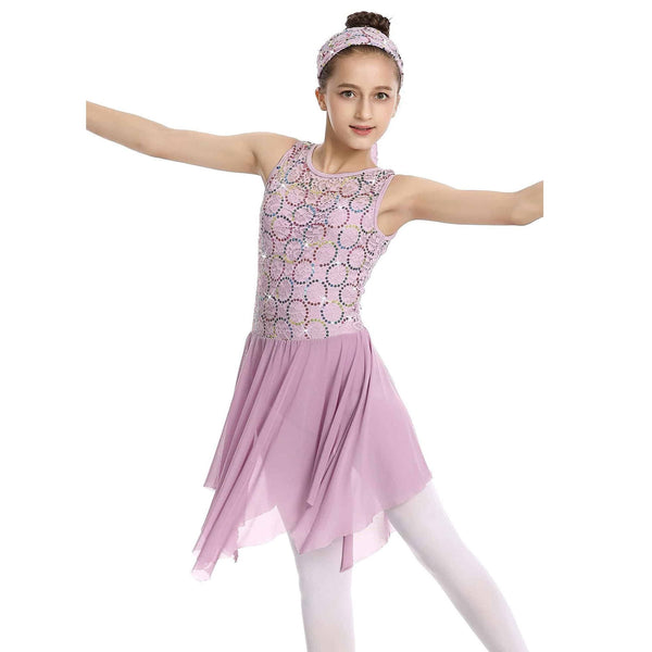 Young girl in a lilac lyrical dance outfit with a patterned top and skirt on a white background