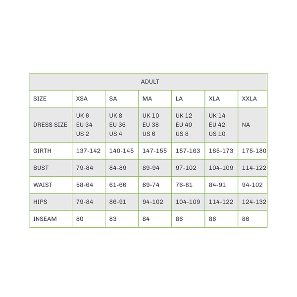 De La Diva Adult Size Chart