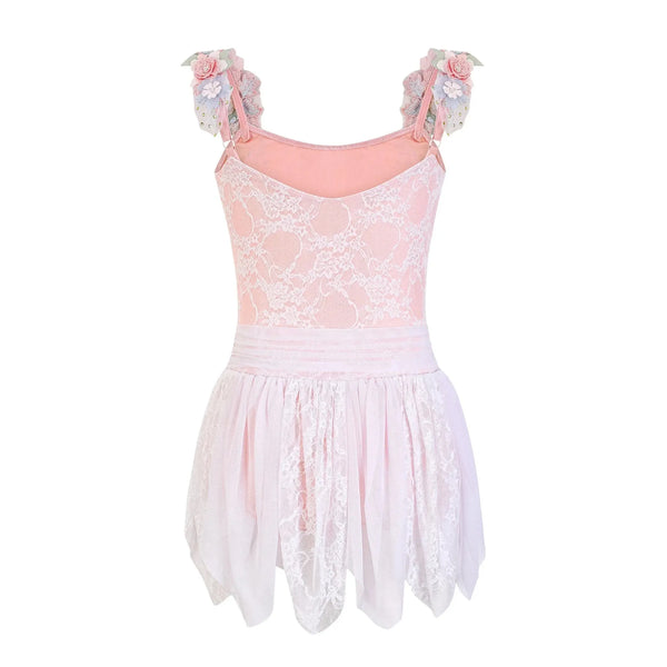 Pink lace dance dress with floral straps on a white background