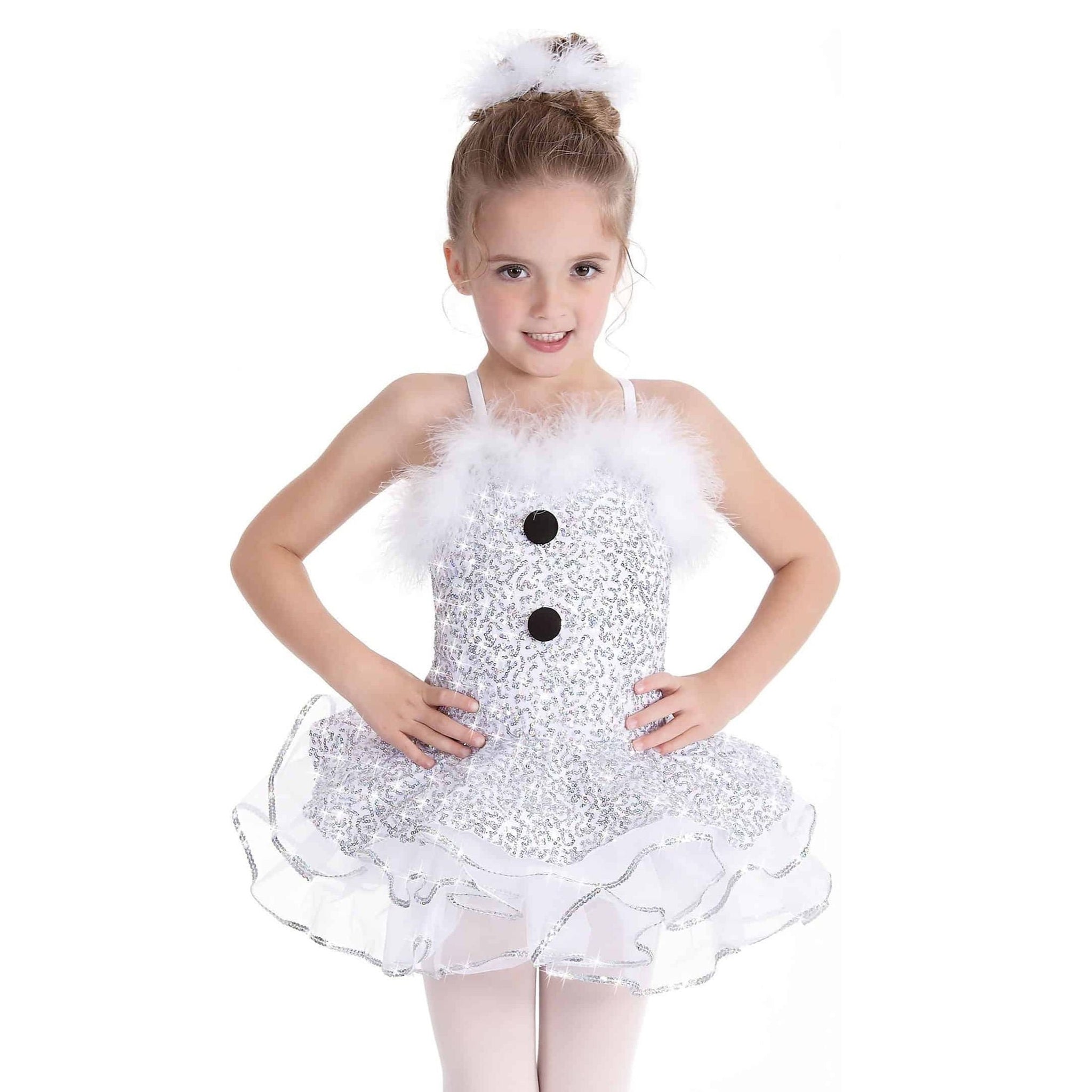 De La Diva ‘Frosty and Fun’ White Sequin Feather Trim Christmas Character Dance Costume
