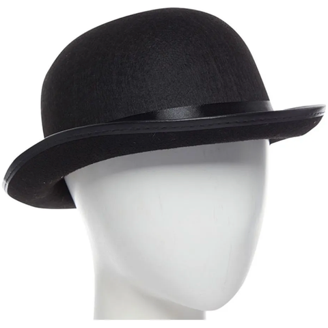 Classic black bowler hat available for hire, featuring a rounded crown and short, curved brim—perfect for theatrical performances, dance routines, or period costumes.