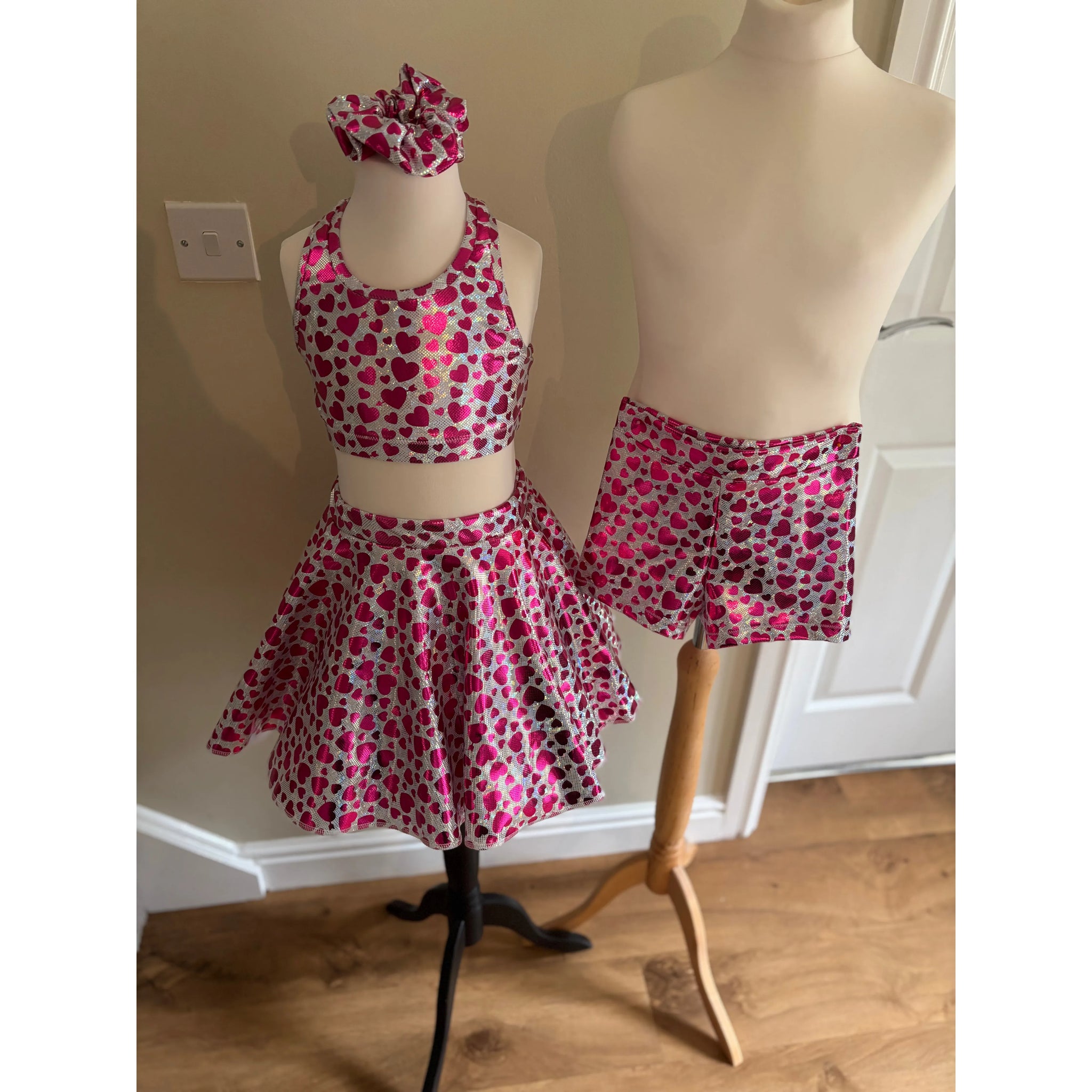 2x BFD 'Heartbeat Holo' Under 10s Pink Heart & Cracked Silver Hologram Rock n Roll Dance Costumes