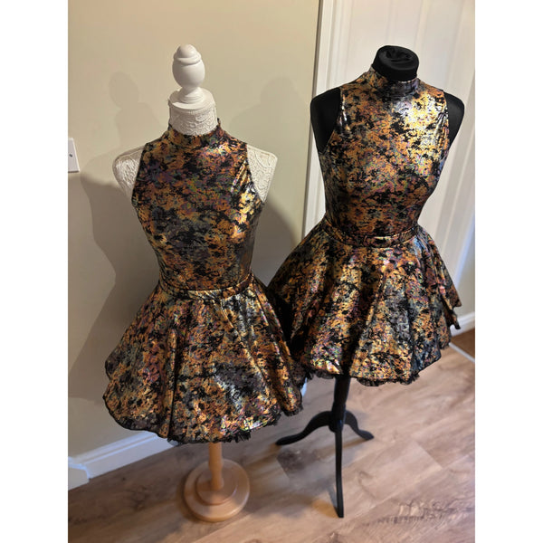 2x BFD 'Bronze Slik' Metallic Oil Slick Adult Small Rock n Roll Dance Costumes