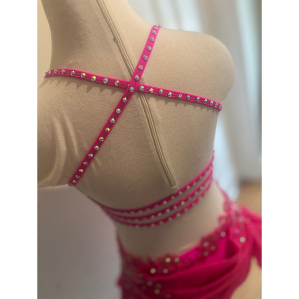 Blackfeather Bespoke 'Emelisse' Neon Pink Stoned Lyrical Dance Dress - age 9-10