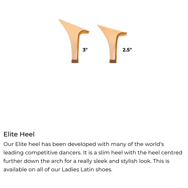 Measurement chart of Elite Heel with heel height labels on a white background