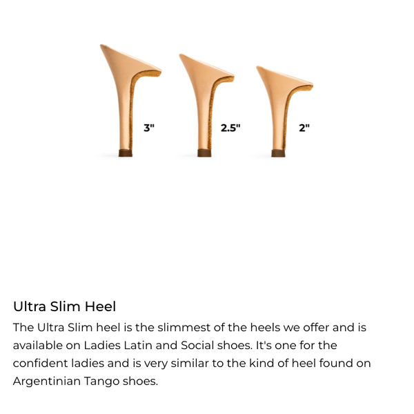 Three ultra slim heels with measurements on a white background