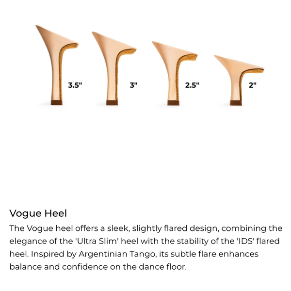 Vogue Heel measurements chart with heel height labels on a white background